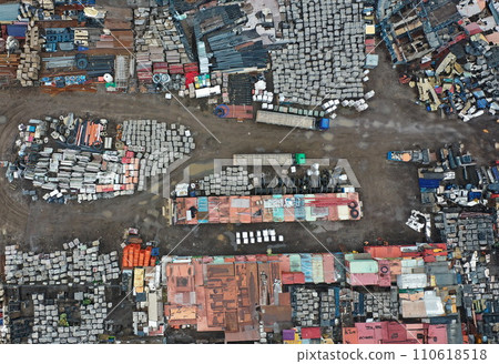 Construction wagons and materials lying on ground top view 110618518
