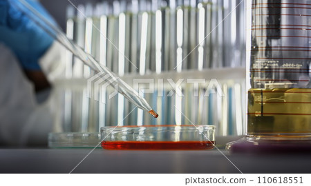 Red liquid is dropped from pipette into glass flask 110618551