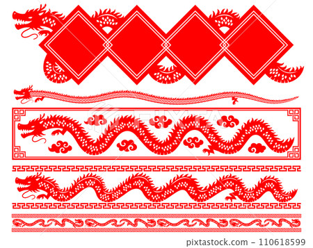 中國風格紅龍剪影框架與線條組 中國風格紅龍剪影框架與線條組 110618599