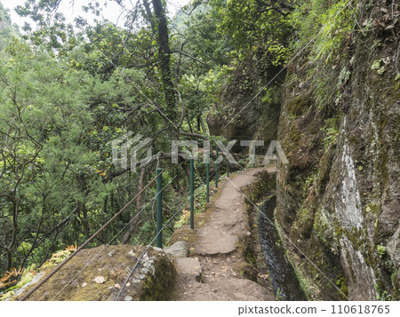 View of levada, water irrigation channel and tropical plants from hiking trail Levada do moinho to levada nova waterfall. Madeira, Portugal 110618765