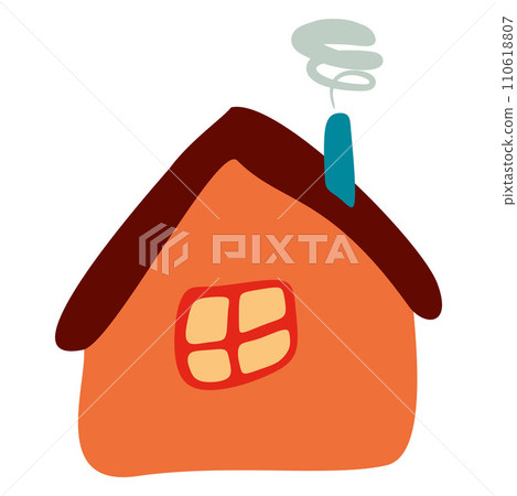 Small Colorful crooked house in Flat style with Smoke from Chimney, Roof and Window. Cartoon Children drawing Vector illustration Isolated white background. Design art Home for Sticker, Card, Poster. Small Colorful crooked house in Flat style with Smoke from Chimney, Roof and Window. Cartoon Children drawing Vector illustration Isolated white background. Design art Home for Sticker, Card, Poster. 110618807