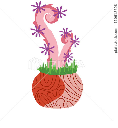 Fantasy Plant in flower pot. Element for Game with Alien plants with Tentacle isolated on white background. Pink organism, monster, creature with tentacles. Design Art for Book, Poster, Print, Card. 110618808