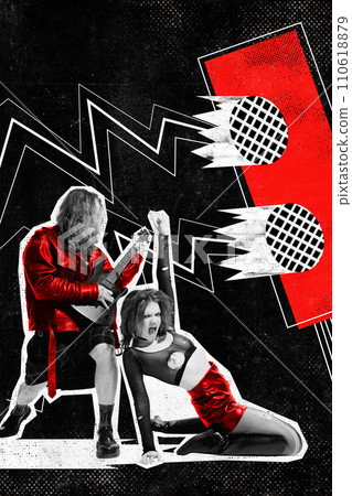 Poster. Contemporary art collage. Two ardent fans of energetic heavy metal , man and woman, dancing and loudly singing. Magazine style. 110618879