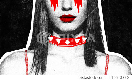 Poster. Contemporary art collage. Cropped female model, fun of heavy metal music crying with red tears. Grainy fabric effect. 110618880