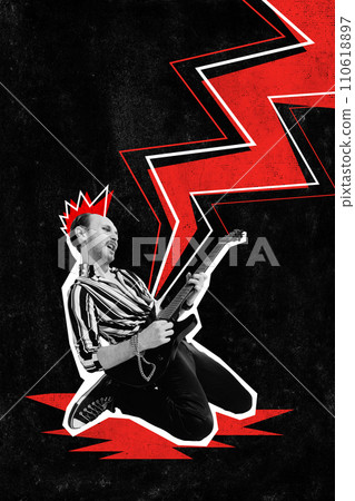 Poster. Contemporary art collage. Rock music King. Young energetic man playing electric guitar and music bursts out like red lightning from instrument. Poster. Contemporary art collage. Rock music King. Young energetic man playing electric guitar and music bursts out like red lightning from instrument. 110618897