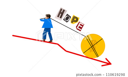 Economic recovery campaign. Man carrying coin on financial arrow going down. Hope to grow money. Contemporary art collage. Economic recovery campaign. Man carrying coin on financial arrow going down. Hope to grow money. Contemporary art collage. 110619298