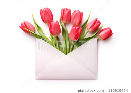 Envelope with spring tulips on white background Envelope with spring tulips on white background 110619454
