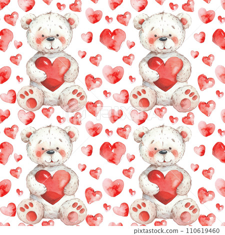 Watercolor seamless pattern with teddy bear holding a red heart 110619460