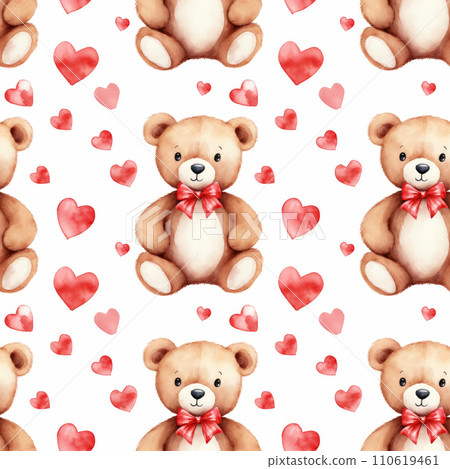 Watercolor seamless pattern with teddy bear holding a red heart Watercolor seamless pattern with teddy bear holding a red heart 110619461