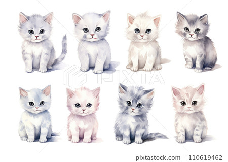 Set of watercolor fluffy kittens on white background 110619462