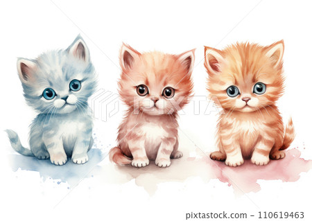 Set of watercolor fluffy kittens on white background Set of watercolor fluffy kittens on white background 110619463