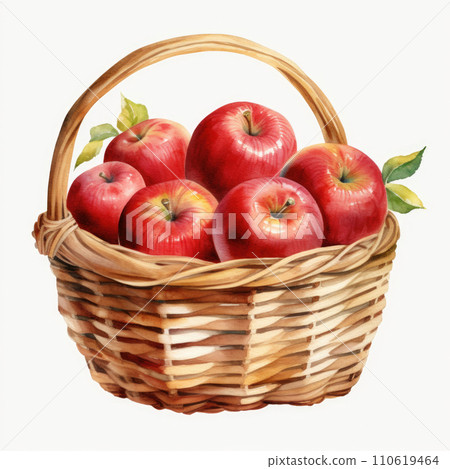 Watercolor apples in a wicker basket on white background 110619464