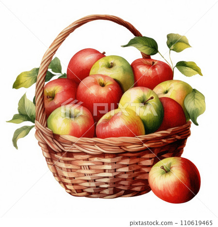 Watercolor apples in a wicker basket on white background 110619465