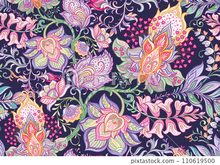 Fantasy flowers in retro, vintage, jacobean embroidery style 110619500