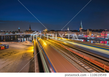 Stockholm Sweden, night city skyline at Stockholm City Hall and Gamla Stan Stockholm Sweden, night city skyline at Stockholm City Hall and Gamla Stan 110619549
