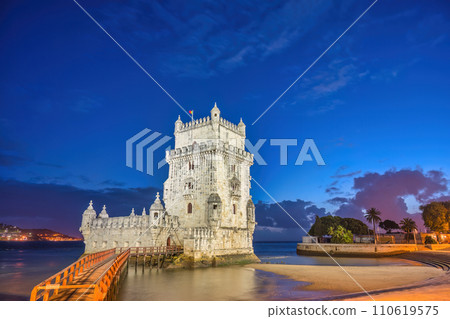 Lisbon Portugal, night city skyline at Belem Tower Lisbon Portugal, night city skyline at Belem Tower 110619575
