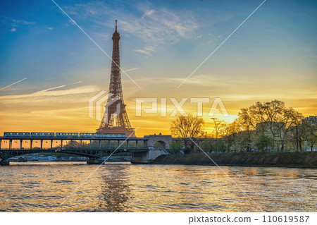 Paris France sunrise city skyline at Eiffel Tower and Seine River Bir-Hakeim Bridge Paris France sunrise city skyline at Eiffel Tower and Seine River Bir-Hakeim Bridge 110619587