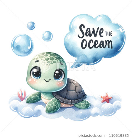 A turtle with a speech bubble "Save the Ocean" under water watercolor illustration. Ai Generate. A turtle with a speech bubble "Save the Ocean" under water watercolor illustration. Ai Generate. 110619885