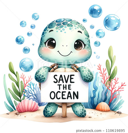 A turtle with "Save the Ocean"banner under water. watercolor illustration A turtle with "Save the Ocean"banner under water. watercolor illustration 110619895