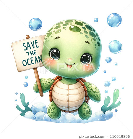 A turtle with "Save the Ocean"banner under water. watercolor illustration A turtle with "Save the Ocean"banner under water. watercolor illustration 110619896