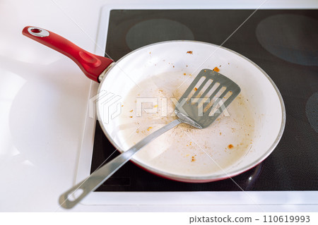 dirty greasy frying pan with burnt food residue 110619993