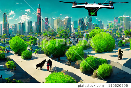 AI生成圖像 未來城市形象 未來城市 SF 高層建築 綠人 未來人 狗狗生活方式 110620396