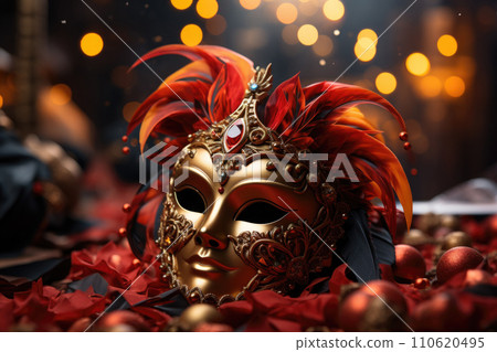 Red and gold Venetian carnival mask with feathers, copy space Red and gold Venetian carnival mask with feathers, copy space 110620495