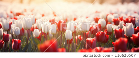 Red and white tulip field blurred background Red and white tulip field blurred background 110620507