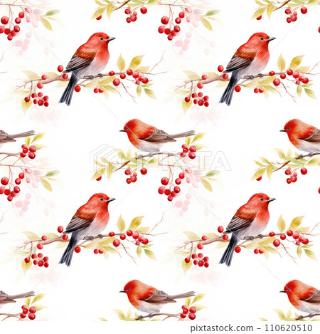 Red bird on a tree branch with red berries, seamless pattern 110620510