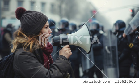 一名婦女用擴音器抗議持盾牌的警察:人工智慧發揮作用 一名婦女用擴音器抗議持盾牌的警察:人工智慧發揮作用 110620669