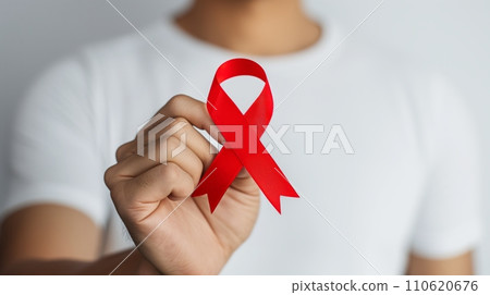 一名手持紅絲帶呼籲預防愛滋病的男子:人工智慧的工作 一名手持紅絲帶呼籲預防愛滋病的男子:人工智慧的工作 110620676