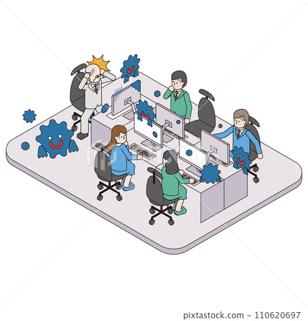 Isometric illustration of a computer virus spreading in the company 110620697