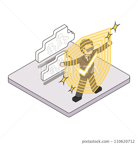 Isometric illustration of a cloud protected by security software from cyber attacks 110620712
