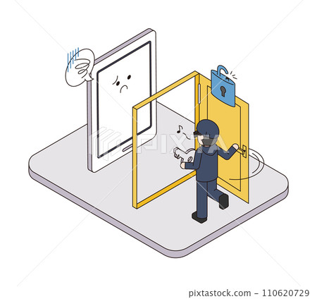 Isometric illustration of a smartphone being hacked due to a cyber attack Isometric illustration of a smartphone being hacked due to a cyber attack 110620729