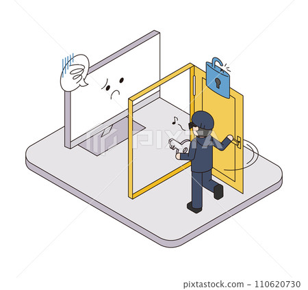 Isometric illustration of a computer being hacked due to a cyber attack 110620730