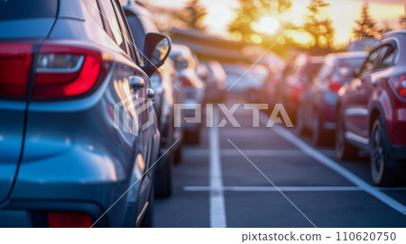 Sunset glow over crowded car dealership parking lot, car business image. AI image Sunset glow over crowded car dealership parking lot, car business image. AI image 110620750