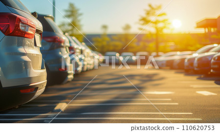 日落輝映在擁擠的汽車經銷停車場,汽車商業形象。人工智慧影像 日落輝映在擁擠的汽車經銷停車場,汽車商業形象。人工智慧影像 110620753