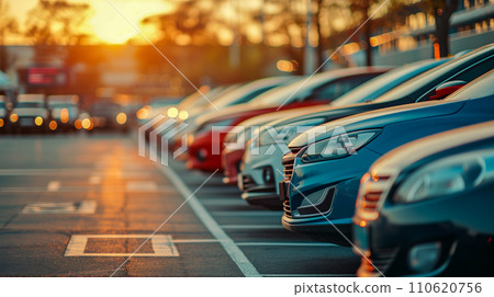 日落輝映在擁擠的汽車經銷停車場,汽車商業形象。人工智慧影像 日落輝映在擁擠的汽車經銷停車場,汽車商業形象。人工智慧影像 110620756