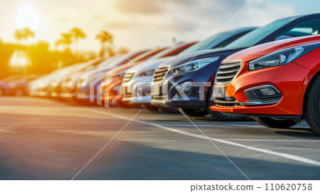 Sunset glow over crowded car dealership parking lot, car business image. AI image Sunset glow over crowded car dealership parking lot, car business image. AI image 110620758