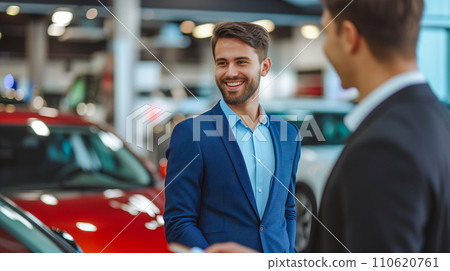 Sunset glow over crowded car dealership parking lot, car business image. AI image Sunset glow over crowded car dealership parking lot, car business image. AI image 110620761