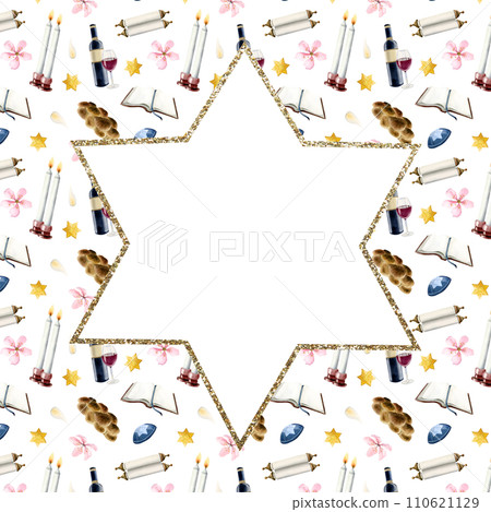 Shabbat Shalom symbols with gold star of David and copy space for social media greeting post watercolor illustration on white background with religious accessories for Jewish Saturday Shabbat Shalom symbols with gold star of David and copy space for social media greeting post watercolor illustration on white background with religious accessories for Jewish Saturday 110621129