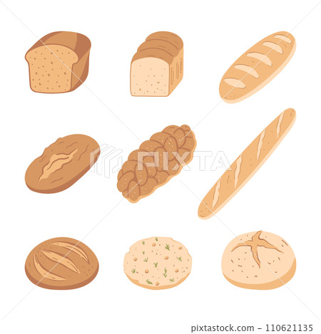 Set of hand drawn types of bread. Simple illustration isolated on white background. Design elements for label, menu, bakery Set of hand drawn types of bread. Simple illustration isolated on white background. Design elements for label, menu, bakery 110621135