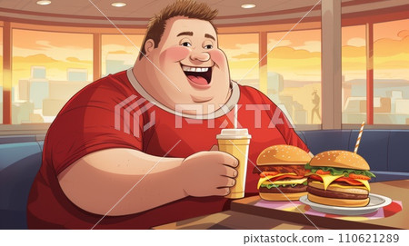 Smiling fat man eating burgers in a fast food place, art. A happy obese man sitting in a fast food restaurant illustration. An overweight man happily eats junk food. Smiling fat man. Smiling fat man eating burgers in a fast food place, art. A happy obese man sitting in a fast food restaurant illustration. An overweight man happily eats junk food. Smiling fat man. 110621289