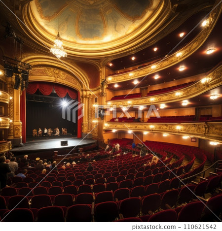 Big luxury theater. A crowd of people sitting in a luxury antique theater waiting for play. People watching a theatrical play on the stage of a big old theater. 110621542