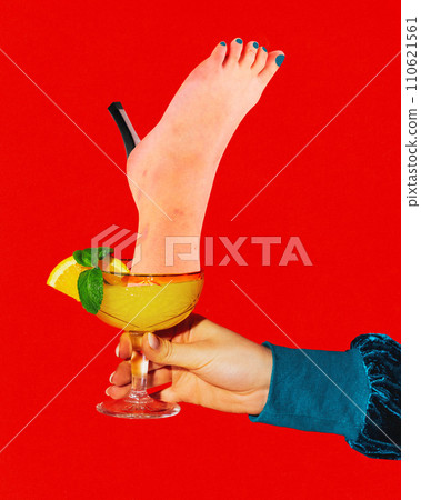 Contemporary art collage. Unusual Indulgence. Hand holding glass with foot on high heel. Challenging traditional aesthetics and celebrating uniqueness 110621561