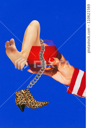 Contemporary art collage. Quirky Party Invitation. Female hand holds glass of Bloody Mary in which drowns person and shoe hanging on chain. Contemporary art collage. Quirky Party Invitation. Female hand holds glass of Bloody Mary in which drowns person and shoe hanging on chain. 110621569