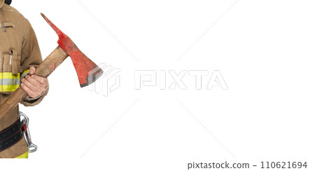 Unrecognizable male fireman in protective workwear holding red axe. Crop view of courageous rescuer with shabby hatchet tool, isolated on white studio background. Concept of job, fire equipment. 110621694
