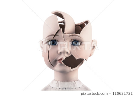 Broken vintage doll head isolated on white background with clipping path 110621721