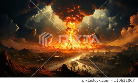 Massive nuclear explosion. Atomic bomb detonation. World War 3. Mushroom cloud with fire after an atomic bomb attack. Nuclear weapons. Thermonuclear bomb detonation. Hydrogen warhead explosion. 110621807