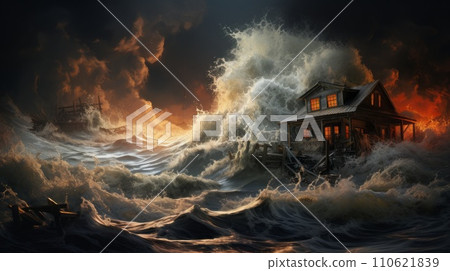 Massive flood after heavy rainfall goes through a city. Dangerous water streams destroy houses. Strong natural disaster. Chaos and devastation. Powerful flood knocks over a city. 110621839